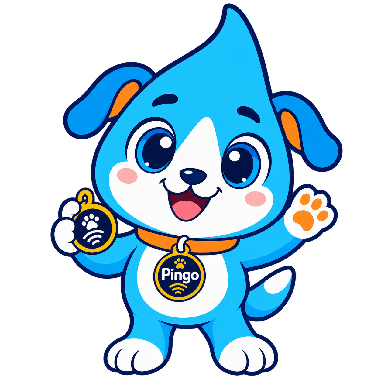 Pingo, o mascote, acenando e segurando uma plaquinha com chip NFC